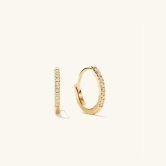 Gold Pavé Huggie Hoop Earrings 18K on 925 Sterling Silver CZ Everyday Jewelry - Picture 4 of 14